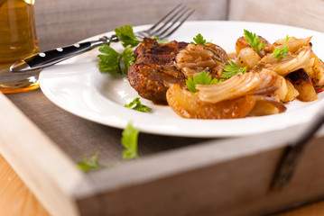 Dinner on rustic wooden tray