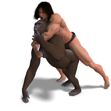 apeman and gorilla are fighting. 3D rendering with clipping path