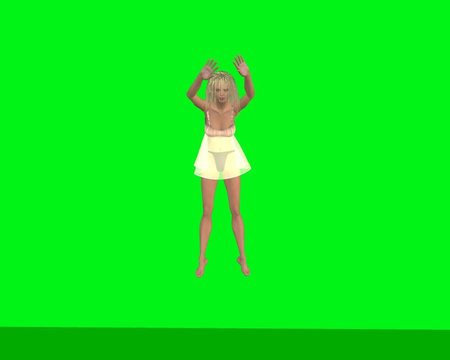 Woman jumping on green background