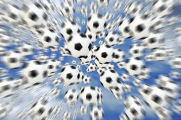 an image of several soccerballs over blue sky