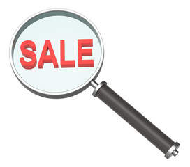 Magnifier with sale sign isolated on white.