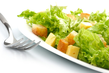 Close-up of salad on white plate