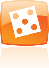 Glossy dice in orange button isolated on white