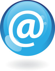 Glossy email in glass blue button isolated on white