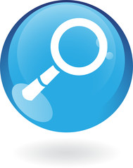 Glossy magnifier in blue button isolated on white