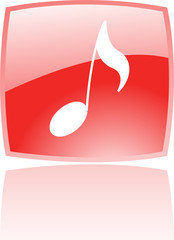 Glossy musical note in red button isolated on white