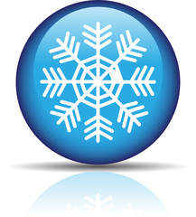 Glossy snowflake in blue button isolated on white