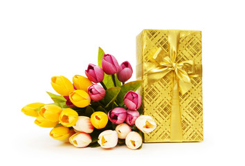 Giftbox and flowers isolated on the white background