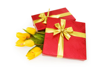 Giftbox and flowers isolated on the white background
