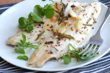 Seabass fillets with watercress
