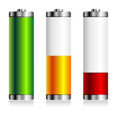 Batteries with different charge levels over white background