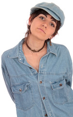 woman in a man's shirt and a cap.