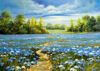 Obraz na płótnie Canvas Droga przez pola z chabrów kwitnących