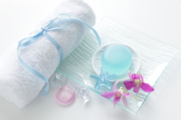 Obraz na płótnie Canvas Soap and towel for bathroom and spa image