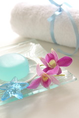 Obraz na płótnie Canvas Ocean blue herb soap and towel for spa image