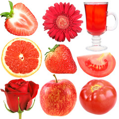 Set of red fruits, vegetables and flowers