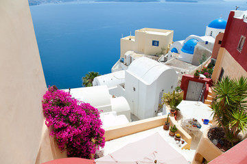 Santorini beautiful volcanic island in Greece landscape with blu