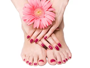 Abwaschbare Fototapete Pink manicure and pedicure with a flower © Zoja