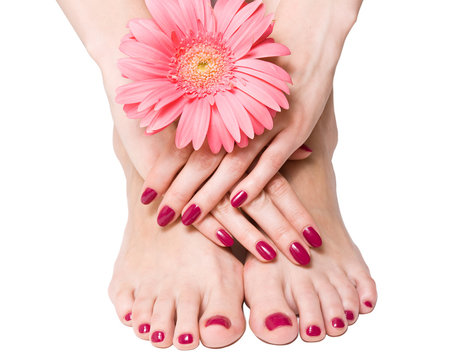 Pink Manicure And Pedicure With A Flower