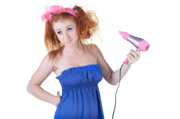 red-haired girl with the hair dryer.