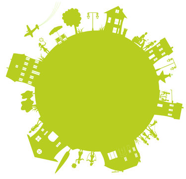 planete verte avec ville, enfants et parents