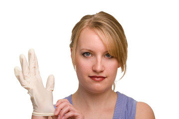 Beautiful happy woman with medical rubber gloves on white