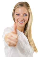 Woman showing OKAY sign and smiling on isolated white
