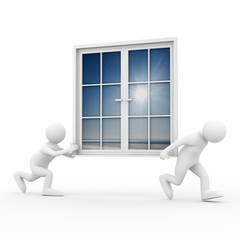 Two man carry window on white background. Isolated 3D image