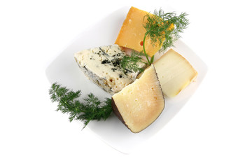 aged cheeses on white porcelain plate