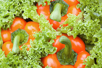 Fresh vitamin background. Close up orange peppers and salad