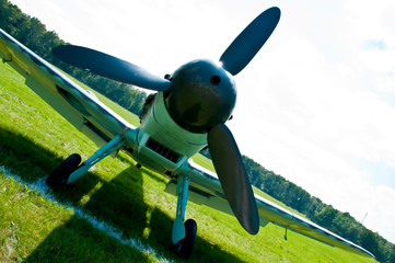 Propeller of the historical Messershmit aircraft on the airfield
