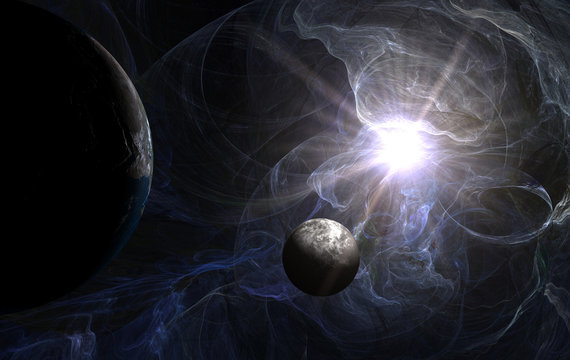 Blue nebula with sun and blue planet and death planet