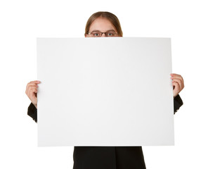 young business woman isolated with sign card