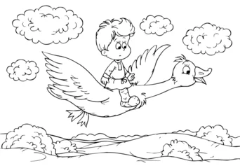 Rolgordijnen Kleine jongen die op een gans vliegt © Alexey Bannykh