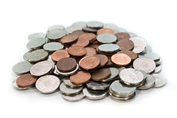 huge stack of romanian coins isolated on white