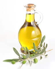 Branch with olives and a bottles of olive oil