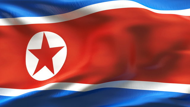 Creased North Korean satin flag in wind with seams and wrinkle