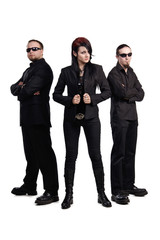 Two men in black clothes and woman stay isolated