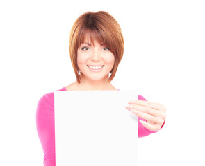 happy woman with blank board