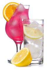 red cocktail and lemonade with lemon