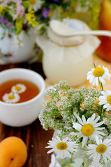 Fototapeta na wymiar Field flowers and chamomile tea (background)