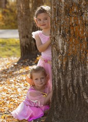 Two Little Fairy Girls In The Autumn Forest