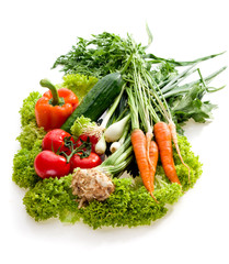 Raw juicy vegetables on white background