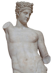 Isolated white marble statue of an armless young man