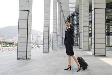 Fototapeta na wymiar beautiful business woman walking down at station with a trunk