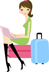 girl with laptop and her suitcase