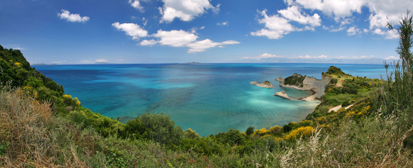 panorama view to cape drasitis on corfu island, greece - obrazy, fototapety, plakaty