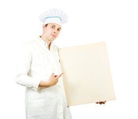 cook man  pointing at blank canvas