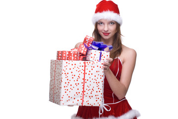 Closeup portrait of girl weared in santa clause dress and some g