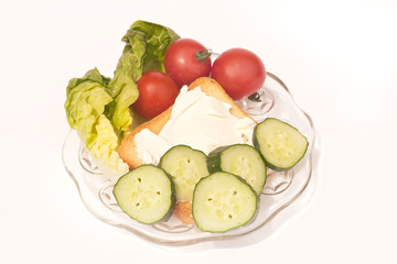 plate of salads with cheese spread on toast